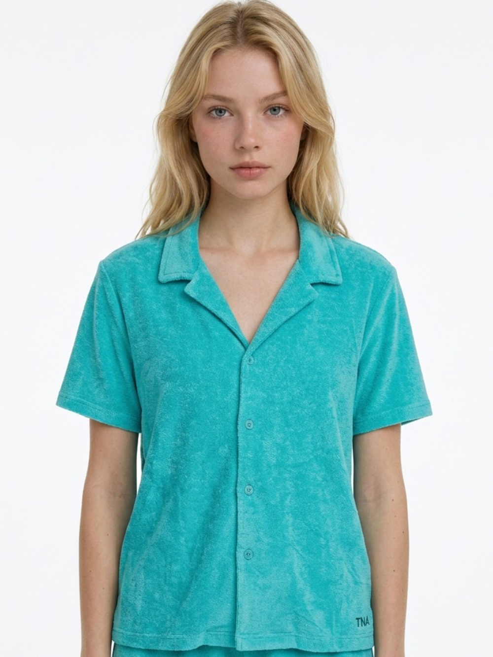 TNA | NEW Aritzia NewCastle Aqua Teal Terry Cloth Button Shirt Women’s Size S